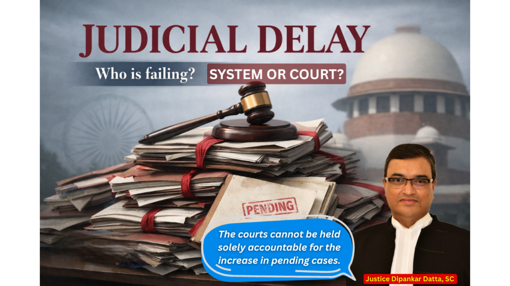 udicial delay India article thumbnail. Supreme Court building background. Stack of pending case files with red tape and PENDING stamp. Wooden gavel. Text overlay: JUDICIAL DELAY and Who is failing? Clickable READ MORE button. Systemic failure beyond courts. Indian legal system backlog.